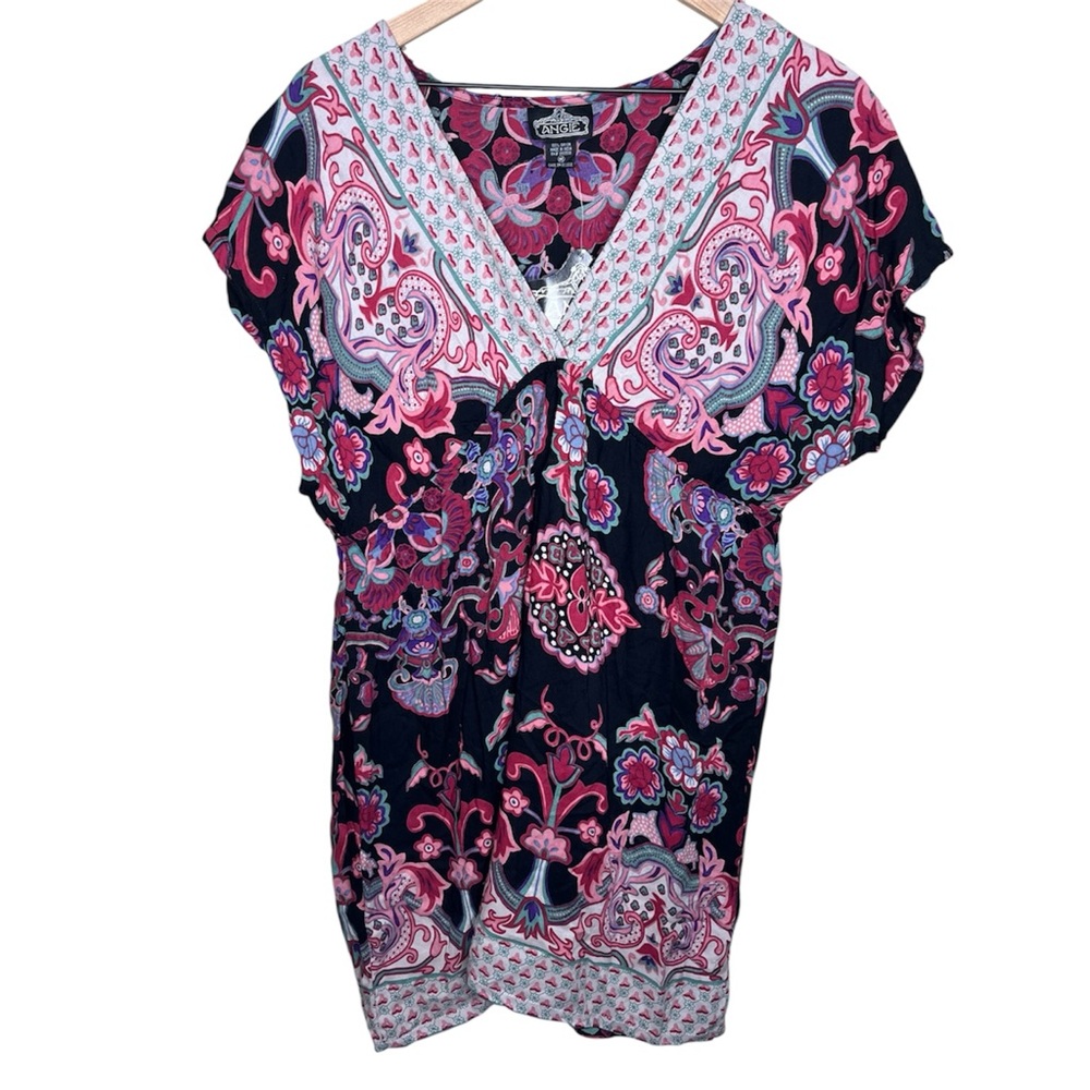 Angie Tunic Cap Sleeve Paisley Print Boho Hippie Babydoll Dress Size M